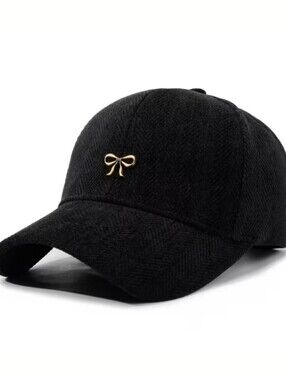 Black Women's Baseball Cap with Gold Bow Accent